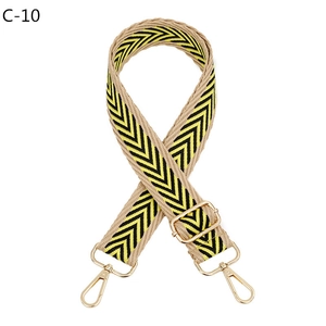 Detail of adjustable canvas strap with yellow and black arrow geometric patterns