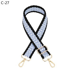 Detail of adjustable blue and white chevron woven strap with polished gold hardware