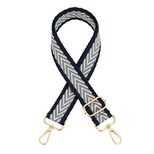 Adjustable navy blue herringbone woven shoulder strap with gold metal buckles for bags