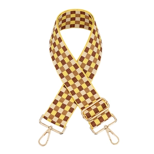 Adjustable wide checkered woven shoulder strap with gold metal hooks for handbags