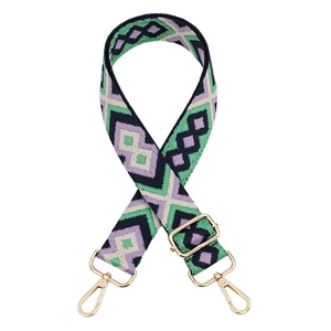 Adjustable geometric diamond jacquard bag strap with vintage purple and green woven pattern