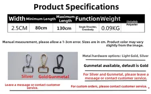 Detail of 2.5cm wide adjustable bag strap with 80-130cm range and gold metal buckles