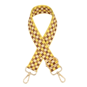 Adjustable checkered shoulder strap with yellow-brown plaid and gold metal buckles