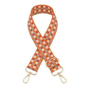 Adjustable checkered bag strap in orange and grey with gold metal lobster clasps