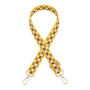 Adjustable 2.5cm wide woven shoulder strap with yellow checkerboard pattern and gold hardware