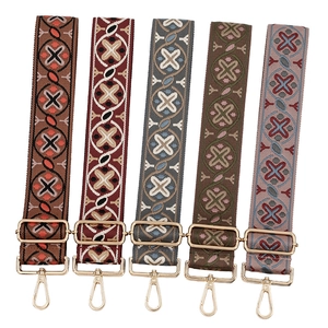 Ethnic style embroidered wide replacement bag straps with gold metal hooks and adjusters