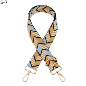 Detail of adjustable woven shoulder strap with blue and yellow geometric leaf patterns