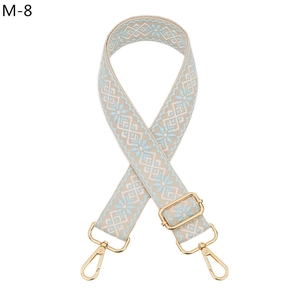Detail of ethnic geometric patterned purse strap with polished gold swivel lobster clasps