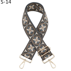 Detail view of ethnic geometric pattern weaving on a wide adjustable bag strap
