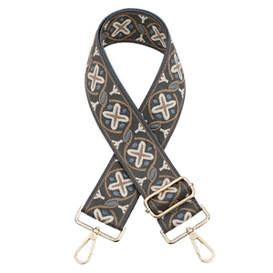 Ethnic style wide replacement shoulder strap with grey geometric weave and gold hooks