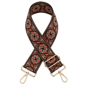 Ethnic style wide adjustable bag strap with vintage geometric patterns and gold clips