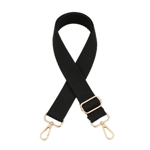 Adjustable black thickened bag strap with gold metal hooks and herringbone pattern