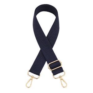 Thick dark blue adjustable crossbody shoulder strap with gold metal lobster clasps