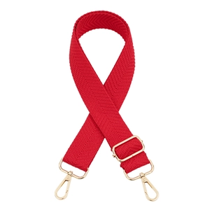 Adjustable red herringbone nylon shoulder strap with light gold metal swivel hooks