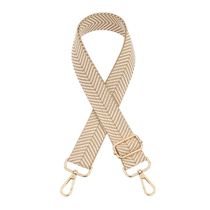 Adjustable beige herringbone woven bag strap with premium gold metal lobster clasps