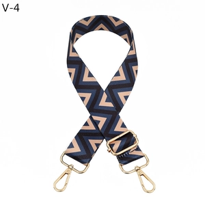 Detail of adjustable geometric strap with blue and khaki waves and gold buckles