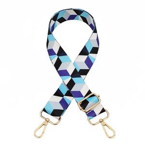 Adjustable woven shoulder strap for bags with blue and purple geometric cube patterns