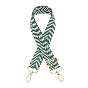 Detail of green and white chevron woven strap with golden swivel snap hooks