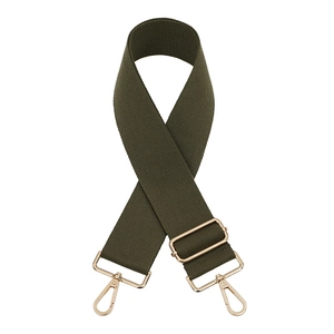Detail of adjustable wide canvas shoulder strap with gold metal lobster clasps