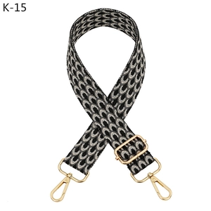 Detail of adjustable woven bag strap with black and grey geometric scale pattern