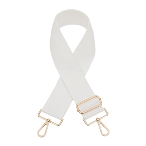 Detail view of adjustable white woven strap with polished gold metal swivel hooks and buckle