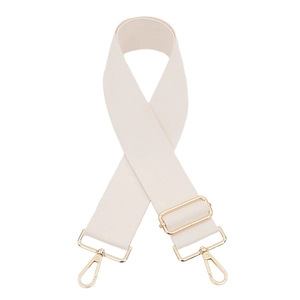 Detail view of adjustable cream canvas strap with polished gold-tone metal lobster clasps