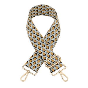 Bandoulière jacquard réglable à motif paon avec boucles en métal doré sur fond blanc