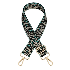 Adjustable leopard print bag strap with turquoise accents and gold metal hardware