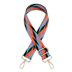 Adjustable geometric wave pattern wide shoulder strap with gold metal hooks for bags
