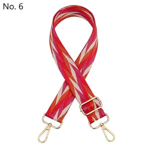 Detail of adjustable wide woven bag strap with red geometric pattern and gold hardware