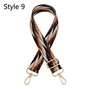 Adjustable wide replacement bag strap with coffee and gold geometric rhombus pattern