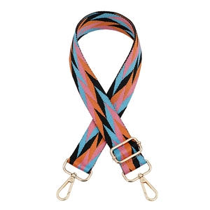 Adjustable wide woven shoulder strap with colorful geometric pattern and gold buckles
