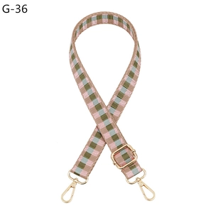Detailed view of adjustable thick canvas bag strap with colorful checkered pattern