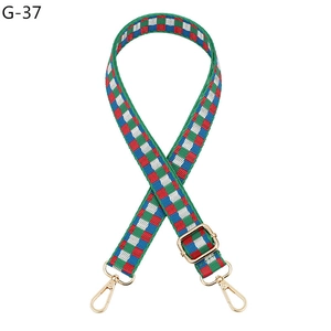 Close-up of checkerboard woven shoulder strap with premium gold metal swivel hooks