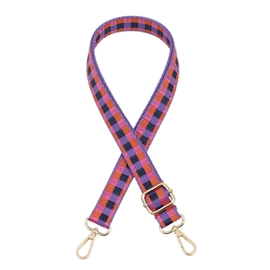 Adjustable purple and orange checkerboard woven bag strap with golden metal swivel hooks