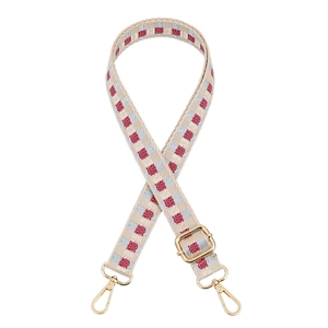 Adjustable woven bag strap with red grey and white plaid pattern and gold metal hooks
