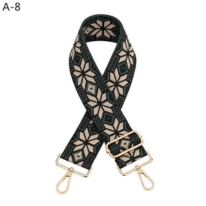 Detail of adjustable geometric jacquard bag strap with gold metal swivels and floral weave
