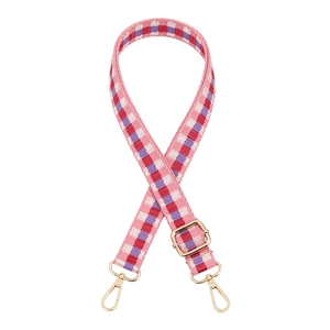 Adjustable woven purse strap with pink and purple checkered pattern and gold lobster clasps