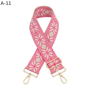 Detail of pink and beige geometric woven shoulder strap with gold metal swivel hooks