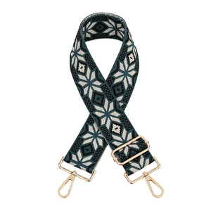 Ethnic wide adjustable bag strap with green geometric snowflake woven pattern
