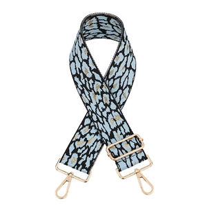 Adjustable leopard print wide shoulder strap with blue fabric and gold metal hardware