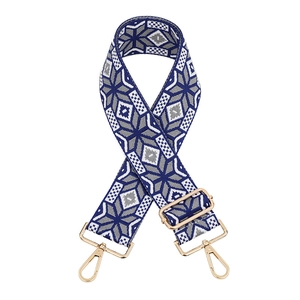 Ethnic style adjustable shoulder strap with blue and grey geometric patterns and gold hooks