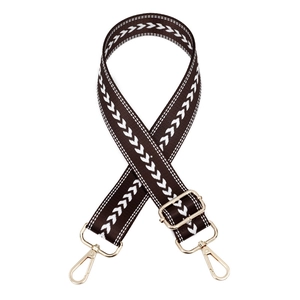 Adjustable brown nylon bag strap with white arrow pattern and gold metal hardware hooks