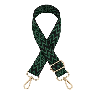 Adjustable wide woven guitar strap for handbags with green bohemian pattern and gold hooks