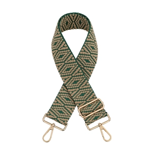 Detail showing green and khaki geometric woven bag strap with golden metal lobster clasps
