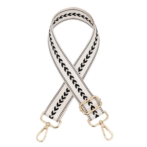 Detail of adjustable black and white woven replacement strap with gold metal hooks