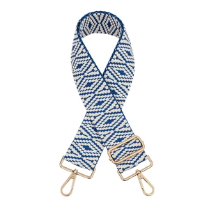 Adjustable wide woven shoulder strap for bags with blue and white geometric patterns