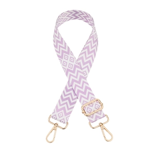 Adjustable purple and white zigzag geometric pattern crossbody bag strap with gold hooks