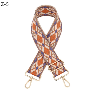 Detail of orange and blue geometric woven strap with gold metal lobster clasps