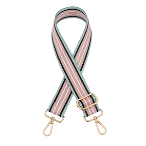 Adjustable striped canvas shoulder strap with pink and green colors and gold metal hooks
